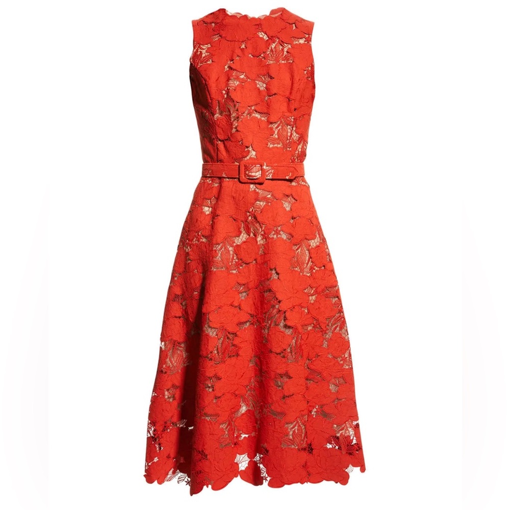 Oscar de la Renta Red Magnolia Belted Guipure Lace A-Line Dress in Sienna NWT 6 - Picture 4 of 6